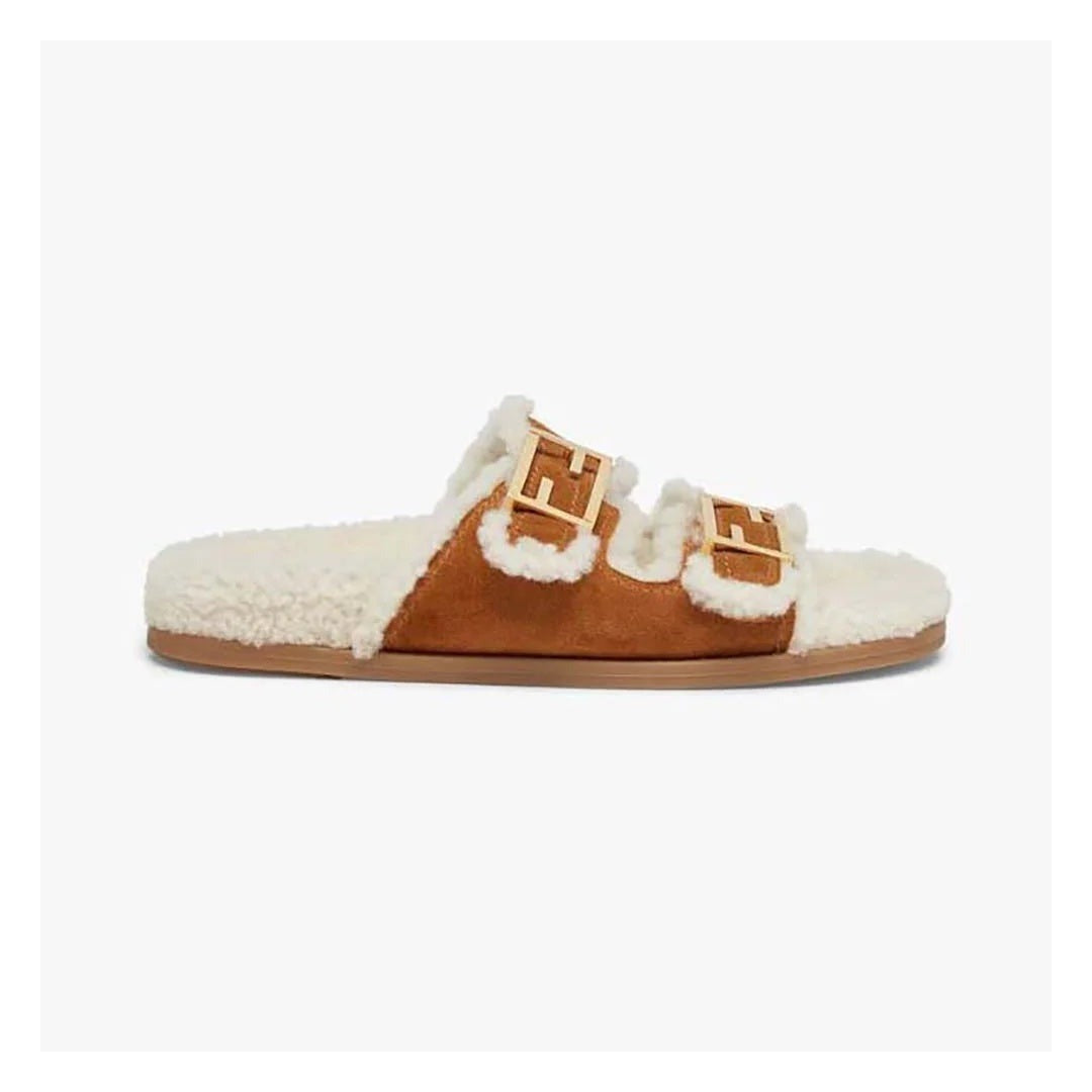 Fendi Feel Slides - White/Tan Shearling