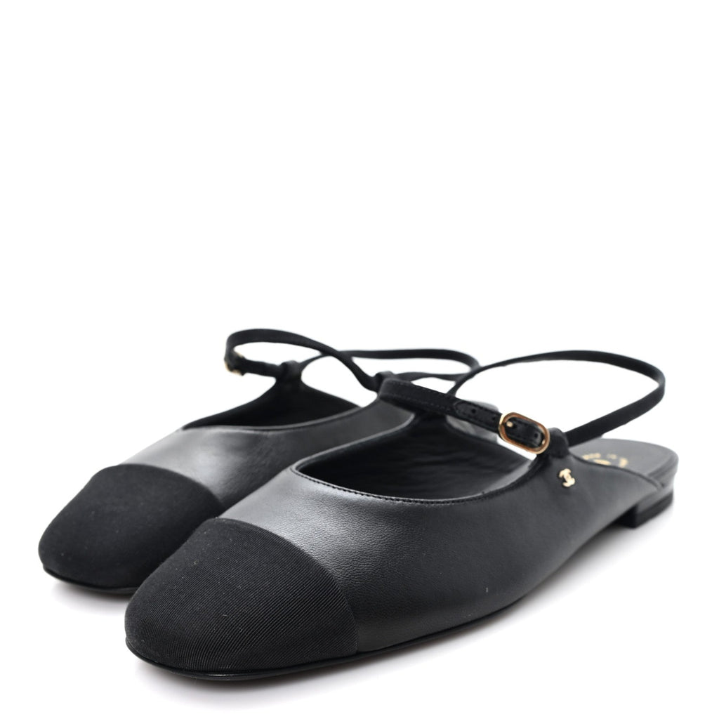 CHANEL SATIN CRYSTAL LAMBSKIN GROSGRAIN BOW CC SLINGBACK FLATS BLACK SLINGBACK WITH PEARLS