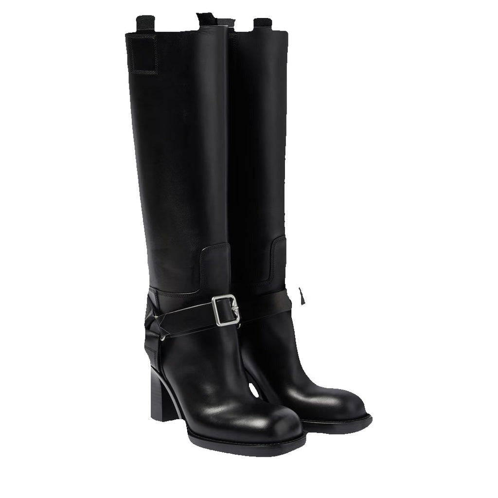 Burberry Saddle Knee-High Leather Boots - Black