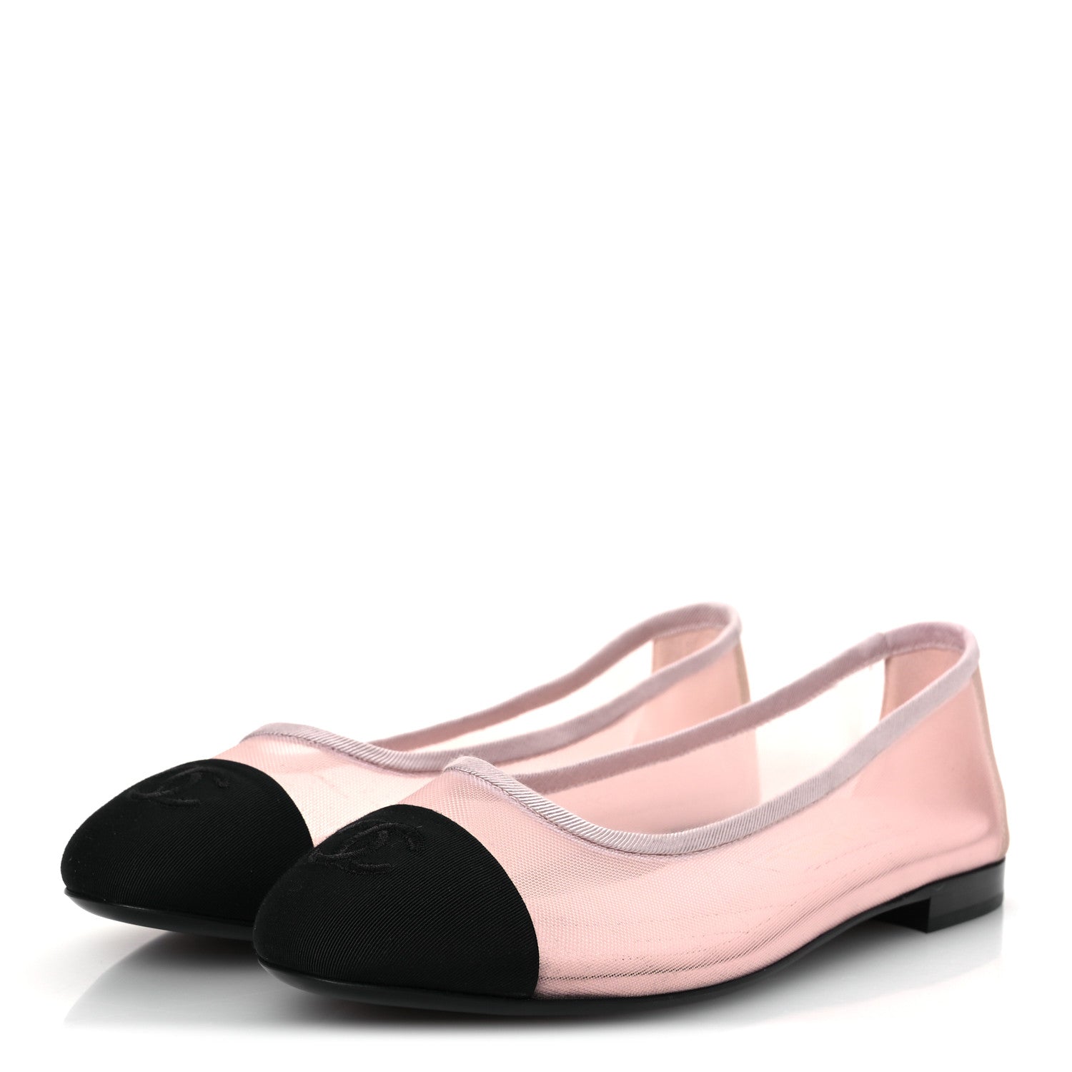 CHANEL TWEED GROSGRAIN CAP TOE CC BALLERINA FLAT PINK BLACK & GOLD