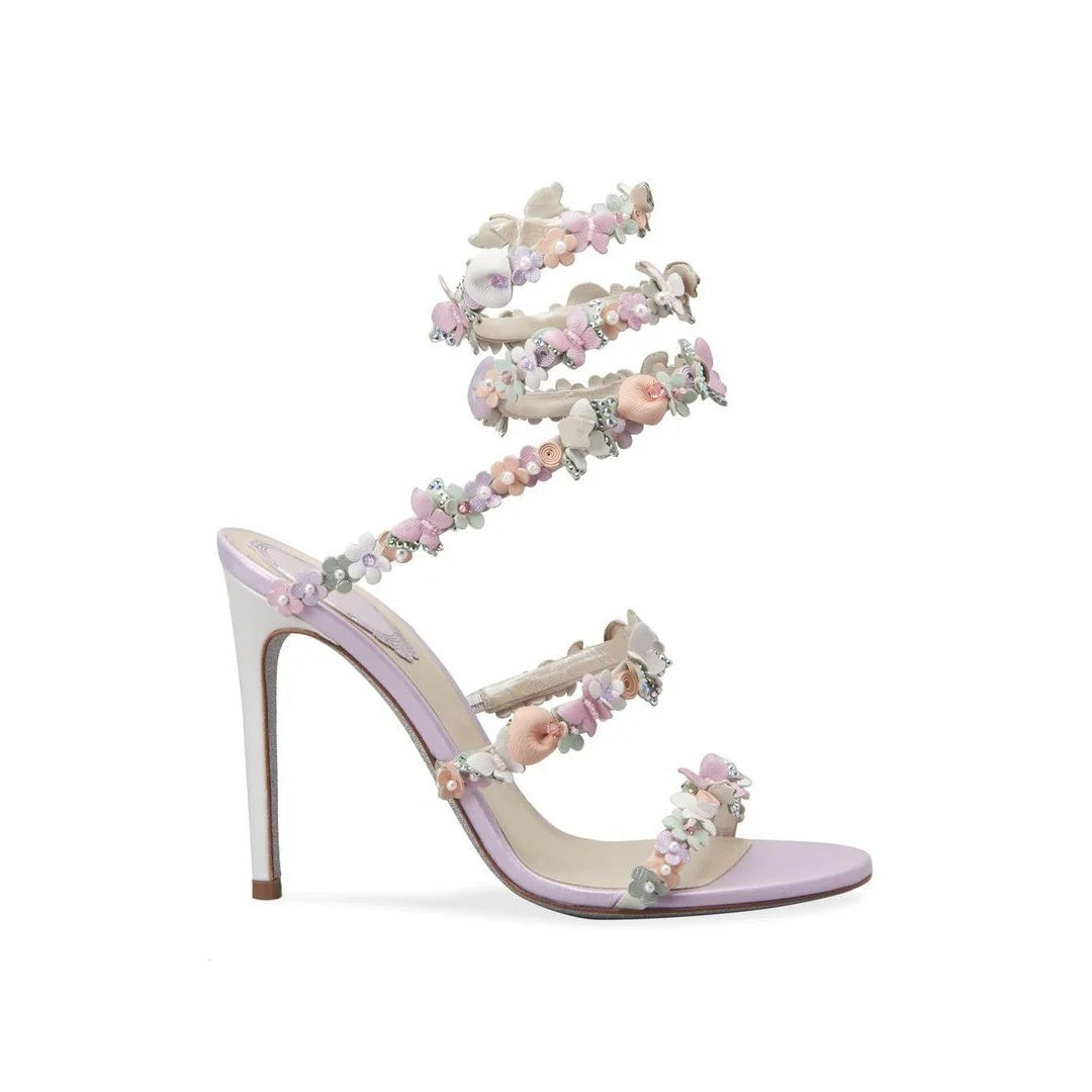 René Caovilla Jolene Embellished-Flowers Heeled Sandal - Lilac/Pastel (flowers)