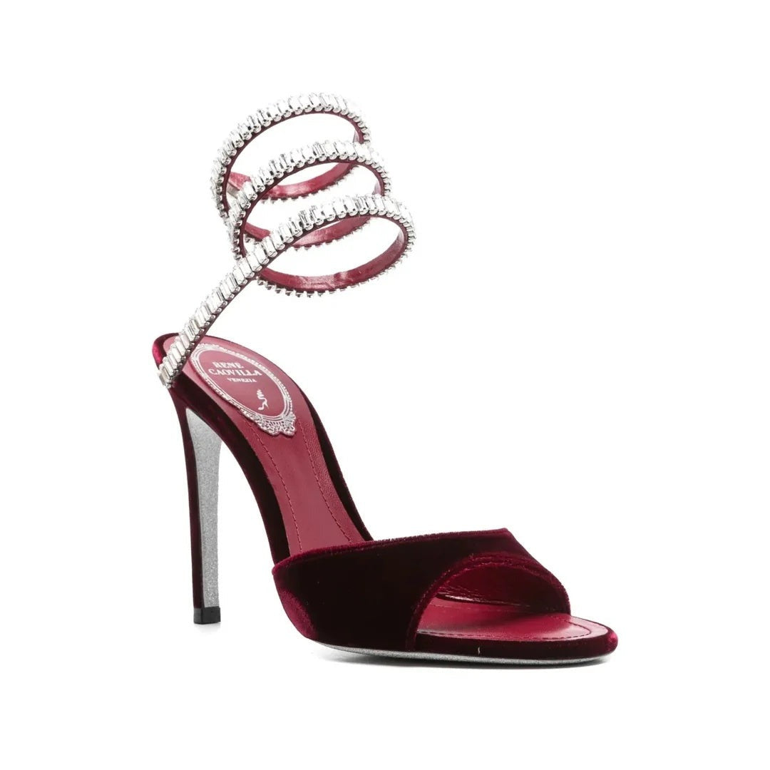 René Caovilla Cleo 105mm Baguette Crystal Satin Snake-Wrap Sandal - Burgundy