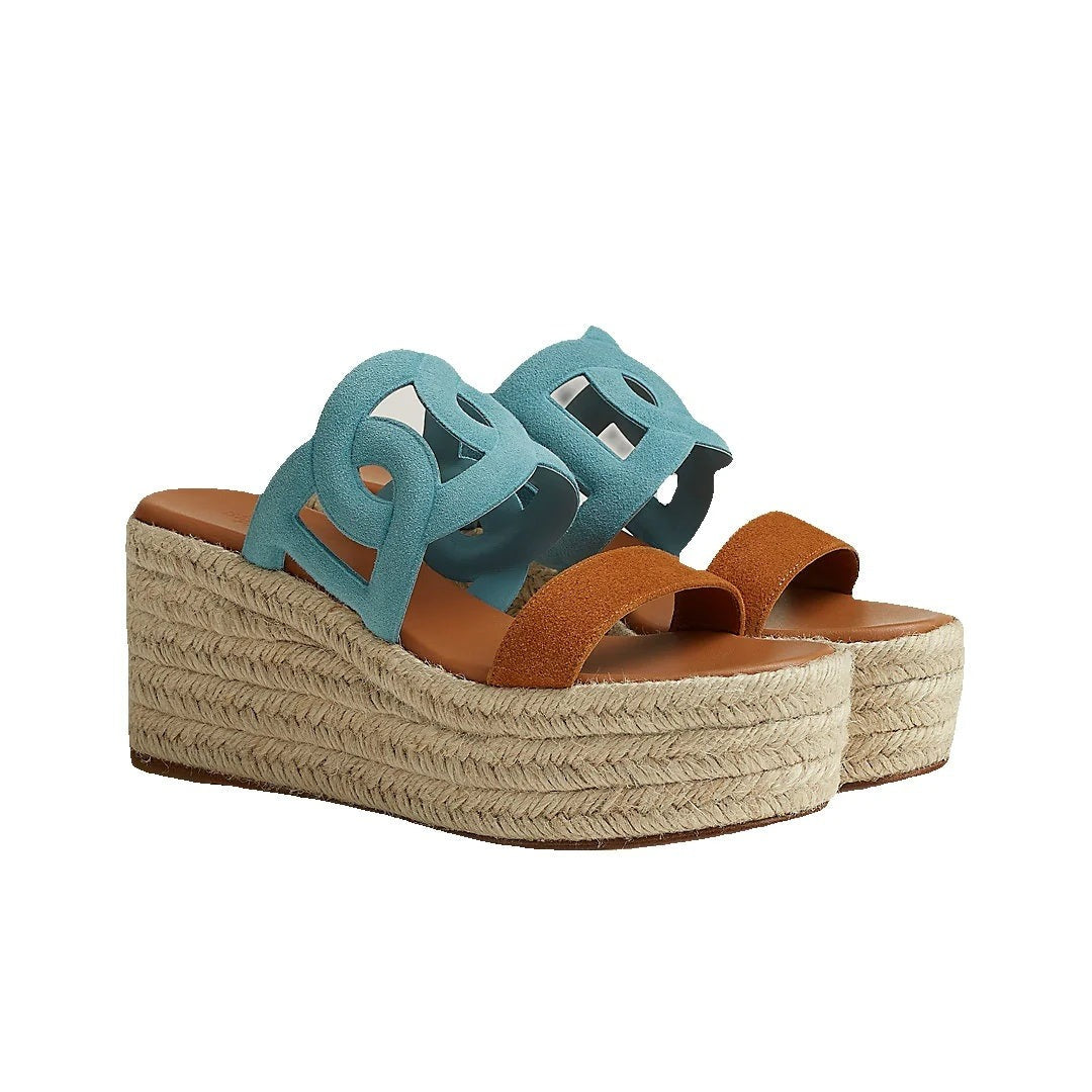 Hermès Ithea 30 Espadrille Beige - Blue/Tan