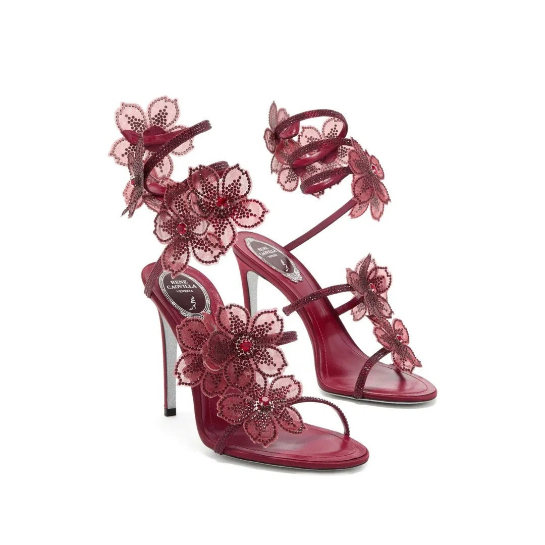 René Caovilla Embellished Flower Wrap Heeled Sandal 105 - Burgundy/Red