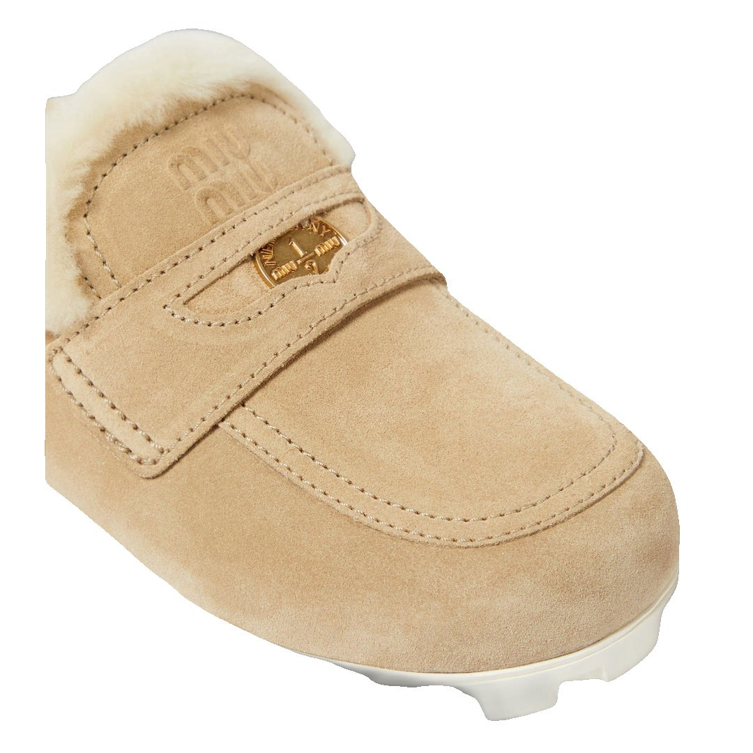 Miu Miu Suede Shearling Penny Loafer Mule - Beige