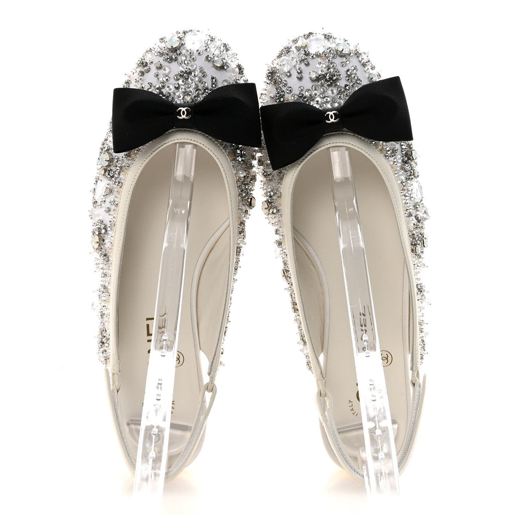 CHANEL SATIN CRYSTAL LAMBSKIN GROSGRAIN BOW CC SLINGBACK FLATS WHITE BLACK