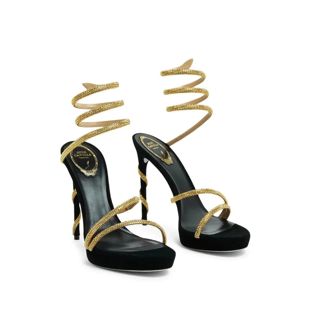 René Caovilla Cleo 40mm Crystal-Embellished Sandal - Black/Gold