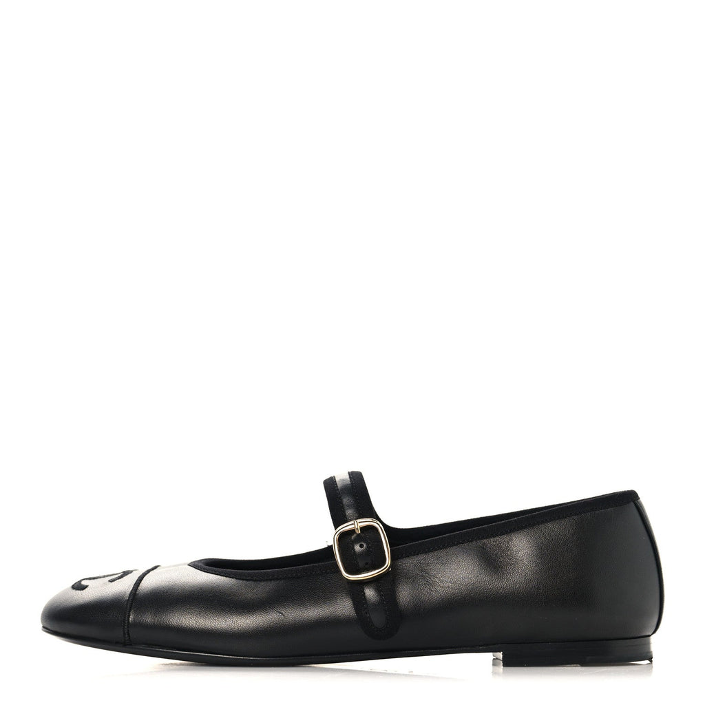 CHANEL PEARL STUDDED MARY JANE FLATS LAMBSKIN BLACK