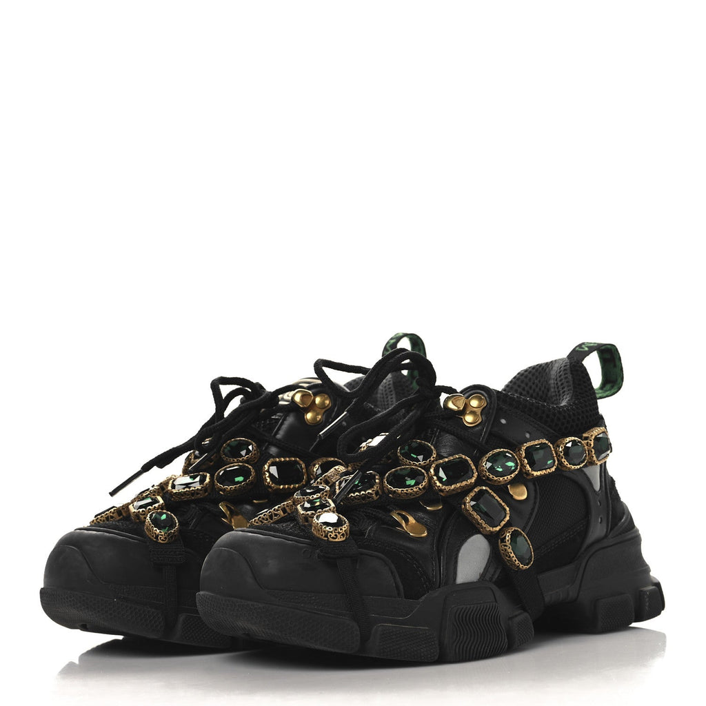 GUCCI FLASHTREK MESH CALFSKIN REMOVABLE CRYSTALS SNEAKERS SILVER