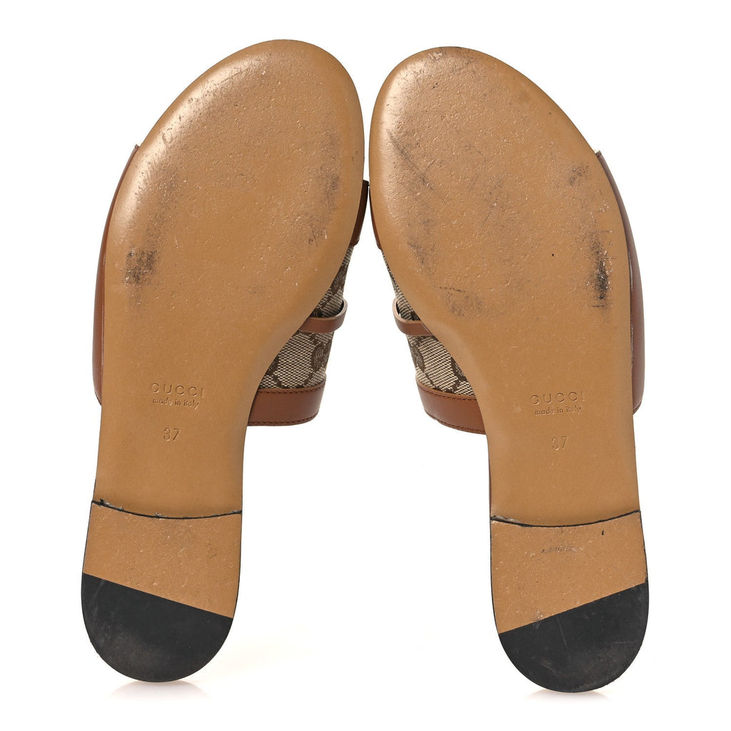 GUCCI HORSEBIT SLIDE SANDALS BEIGE & EBONY GG