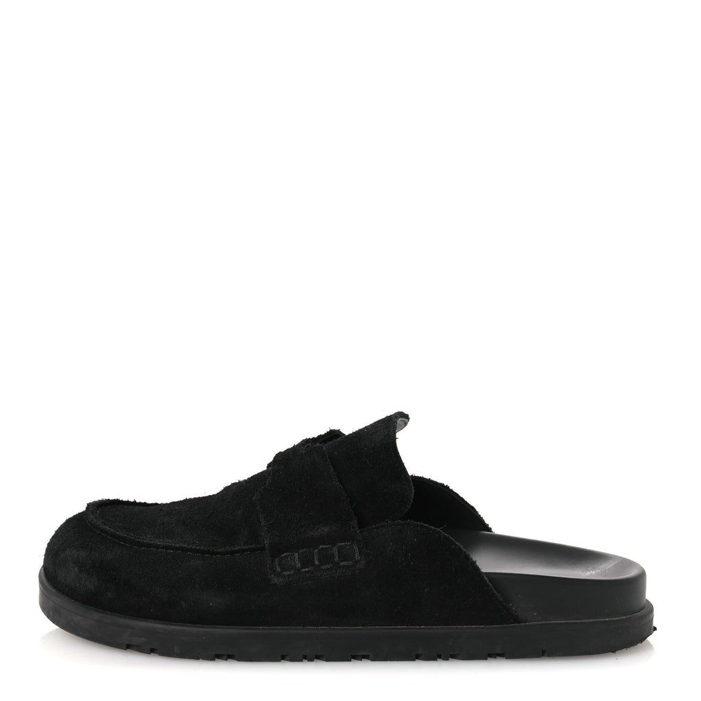 HERMÈS HERMES SUEDE CALFSKIN GO MULE BLACK WITH WHITE SHEARLING