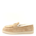 PRADA SUEDE SHEARLING TRIANGLE LOGO LUG SOLE MULES BLACK