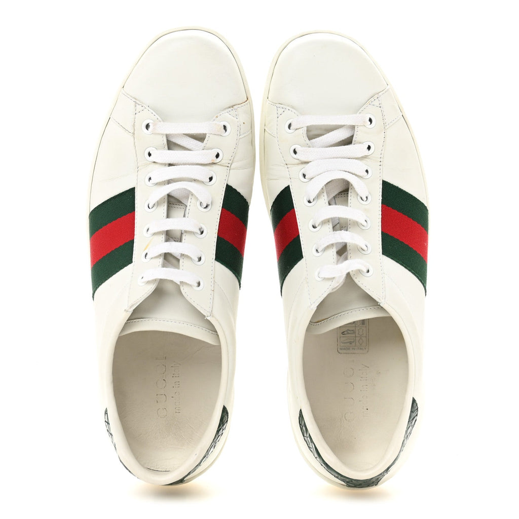 GUCCI CALFSKIN CROCODILE WEB ACE SNEAKERS WHITE GREEN