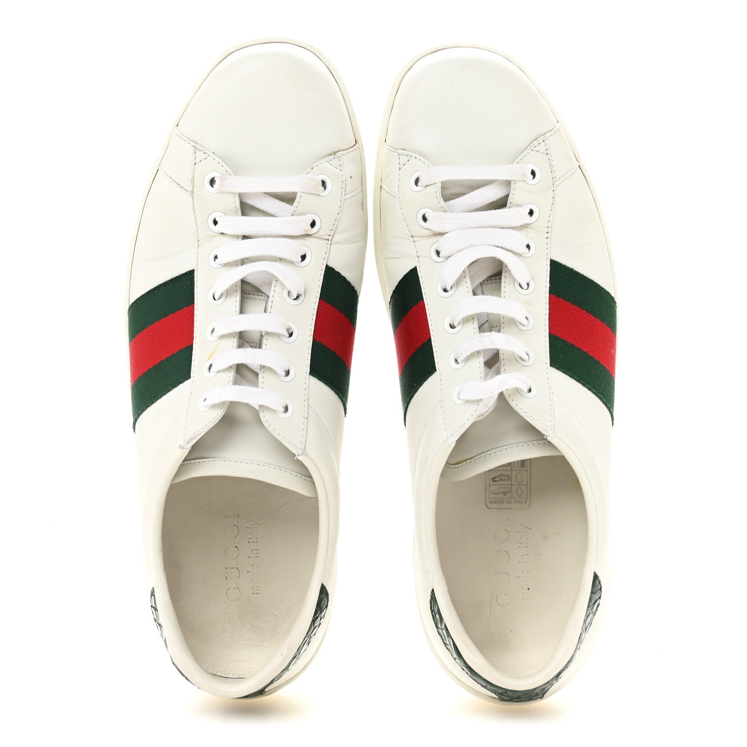 GUCCI CALFSKIN CROCODILE WEB ACE SNEAKERS WHITE GREEN
