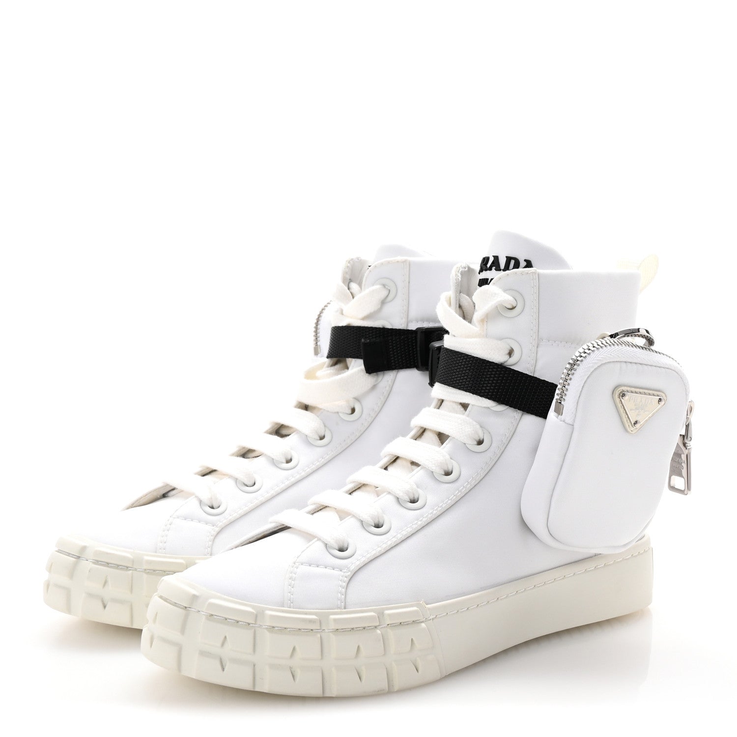 PRADA RE-NYLON GABARDINE TRIANGLE LOGO DOUBLE WHEEL SNEAKERS WHITE