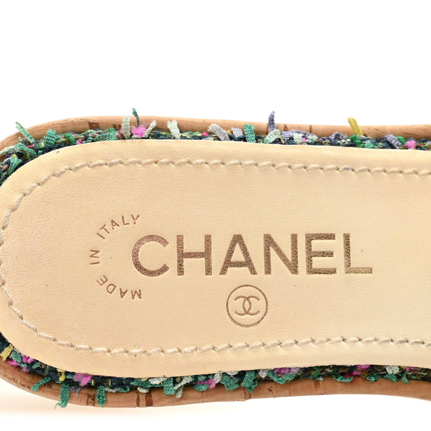 CHANEL TWEED CORK CC CHAIN MULE SANDAL WHITE