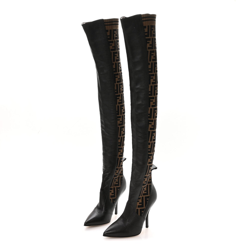 FENDI FF ROCKOKO NAPPA MICROFIBER THIGH HIGH BOOT EBANO TOBACCO
