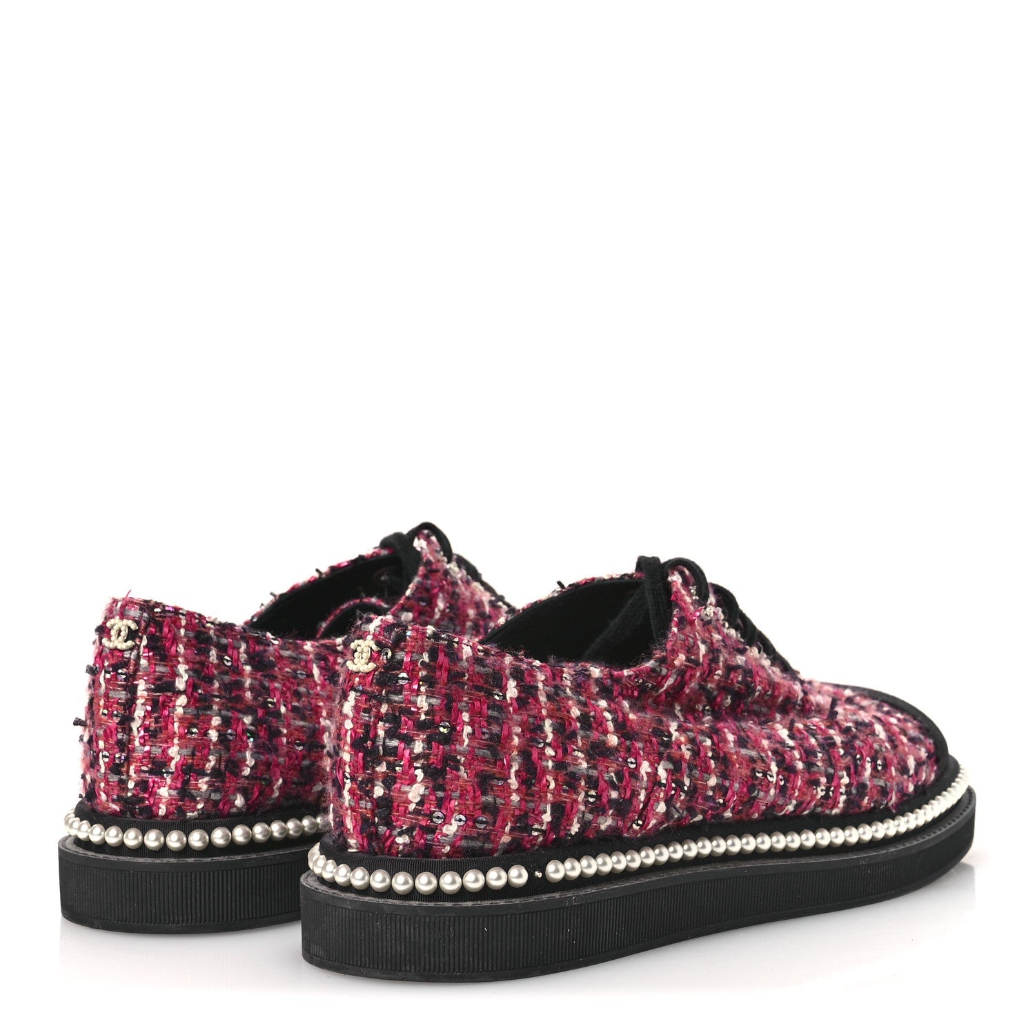 CHANEL TWEED GROSGRAIN SEQUIN PEARL LACE UP SNEAKER BLACK