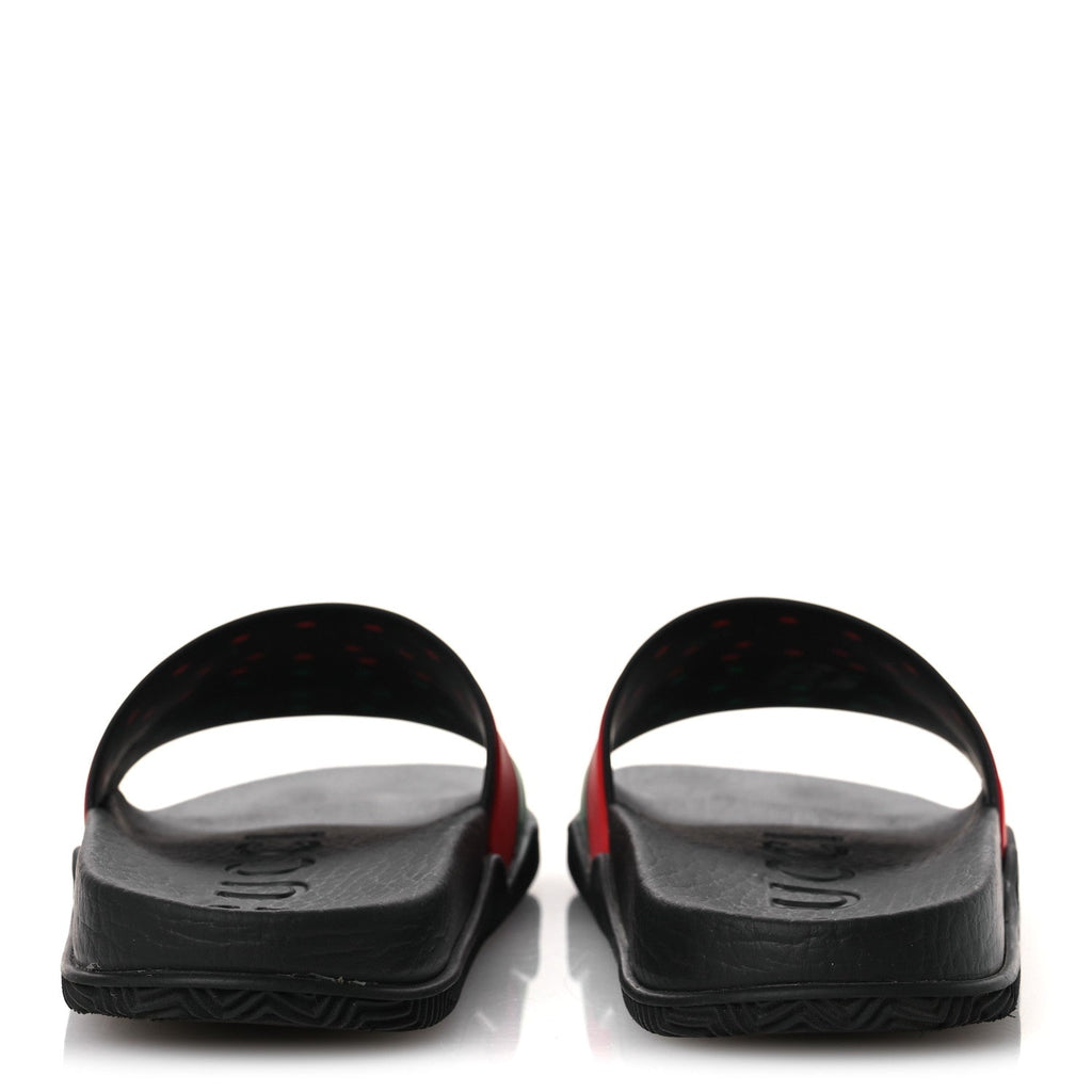 GUCCI RUBBER WEB INTERLOCKING G SLIDE SANDALS BLACK GREEN WHITE
