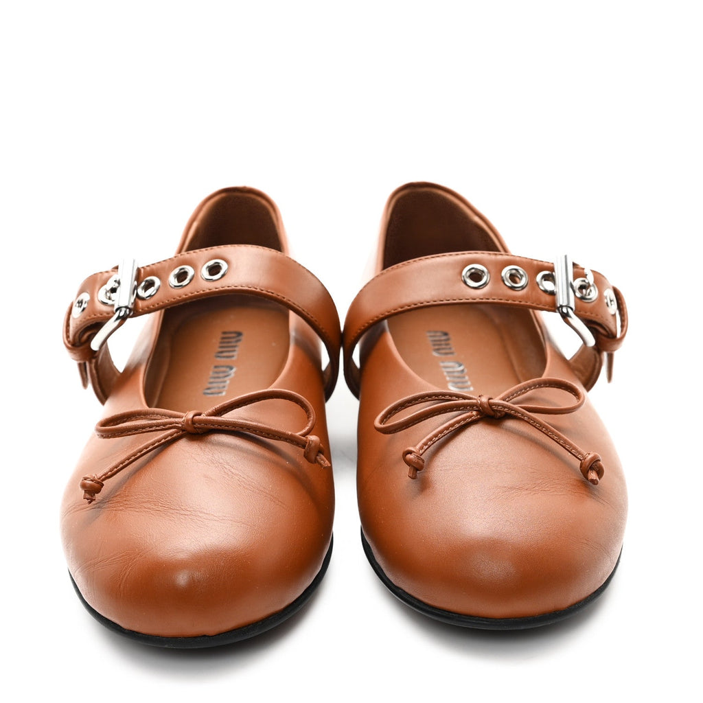 MIU MIU CALFSKIN MARY JANE BALLERINA FLAT COGNAC