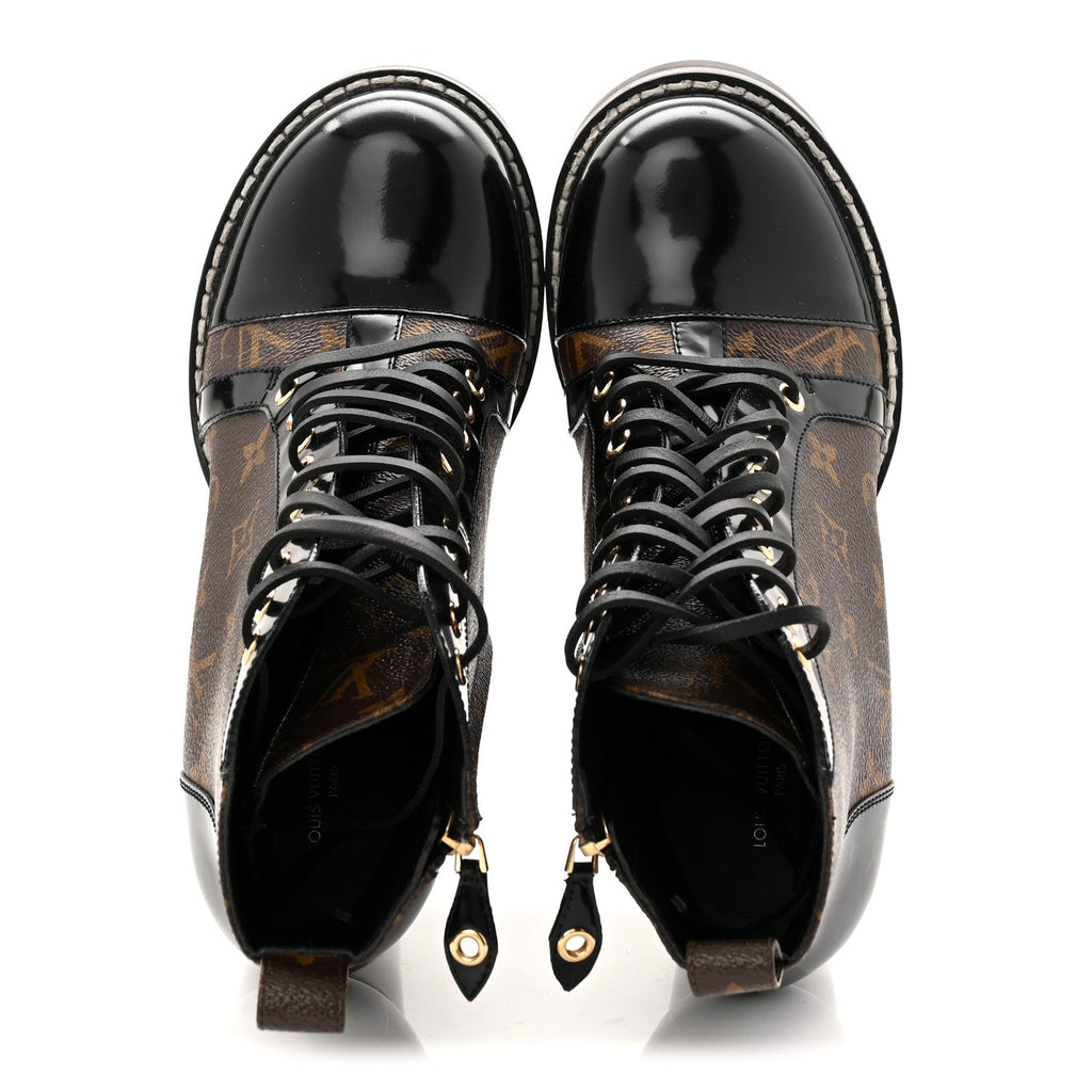 LOUIS VUITTON PATENT CALFSKIN MONOGRAM STAR TRAIL ANKLE BOOTS BLACK