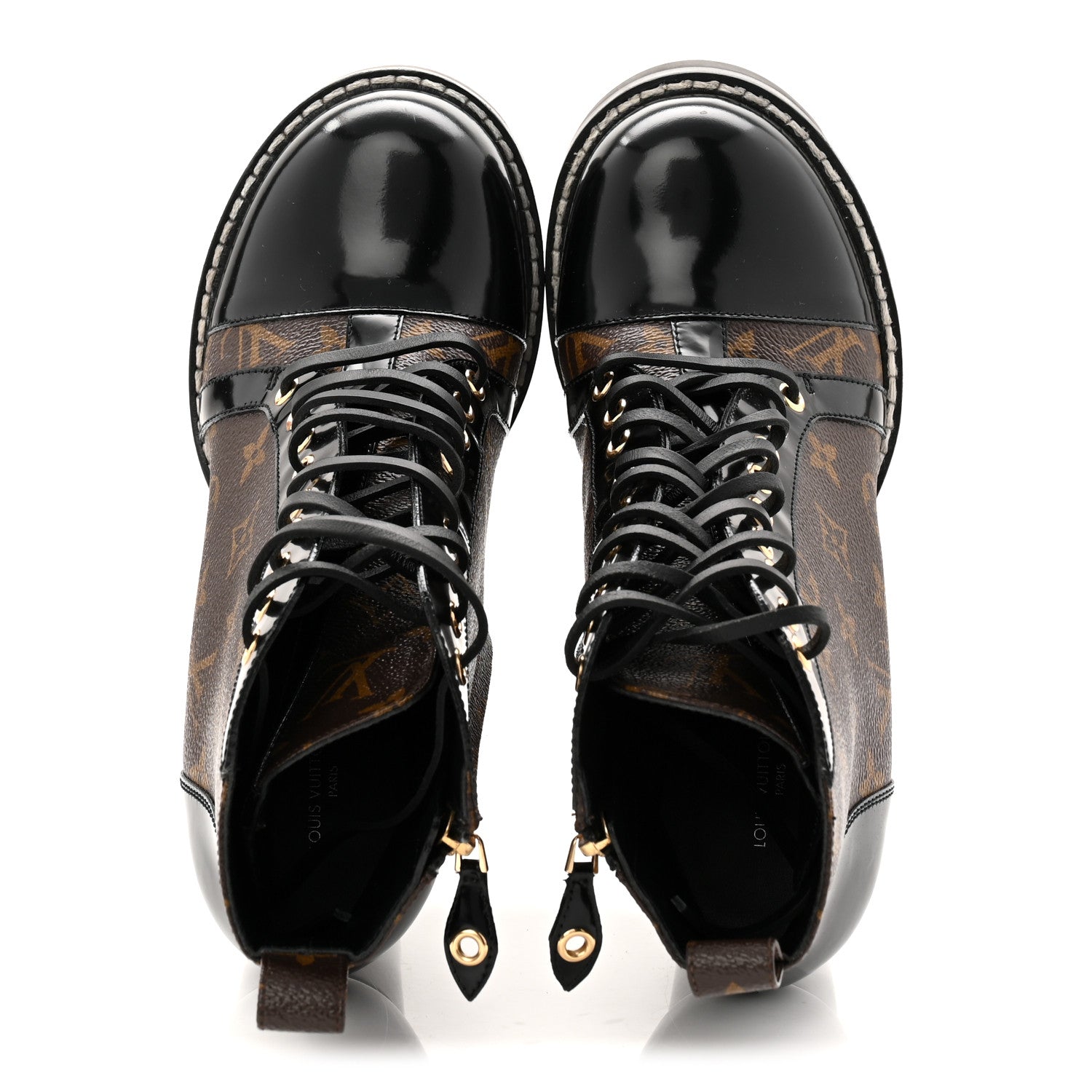 LOUIS VUITTON PATENT CALFSKIN MONOGRAM STAR TRAIL ANKLE BOOTS BLACK