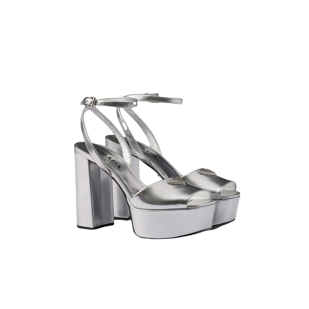 Prada Satin Crystal Triangle Logo Platform Sandals Cristal - Silver