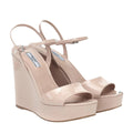 Prada Patent Leather Wedge Sandals - Nude