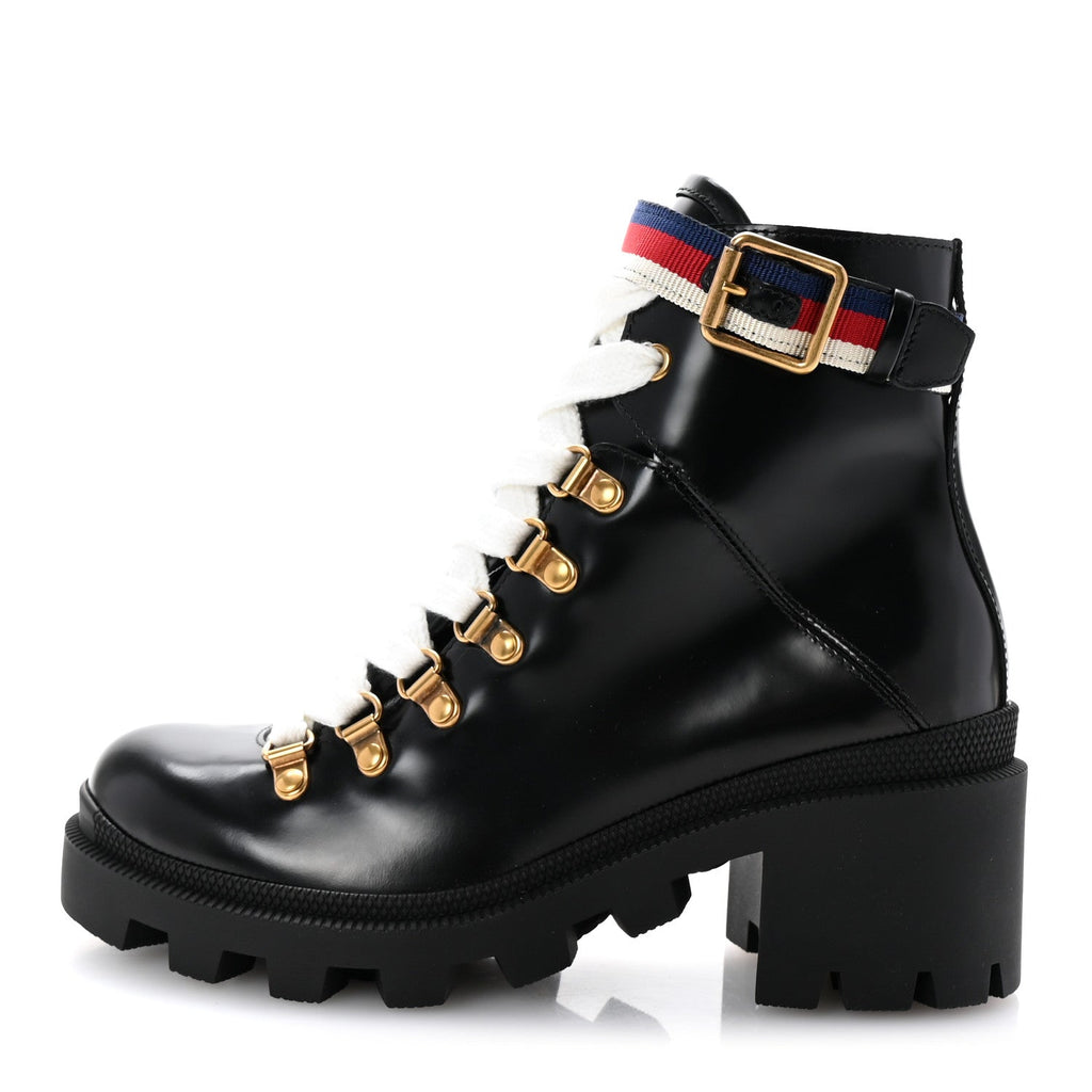 GUCCI SYLVIE WEB LACE UP COMBAT BOOTS BLACK