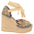 Gucci GG Raffia Monogram Ankle Wrap Platform Espadrille Wedge Sandals - Beige