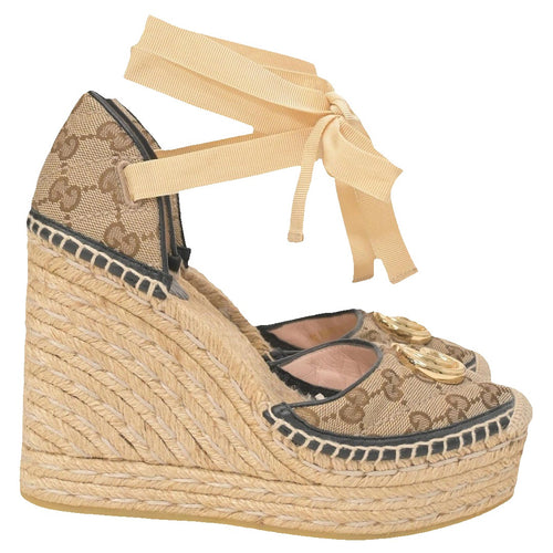 Gucci GG Raffia Monogram Ankle Wrap Platform Espadrille Wedge Sandals - Beige