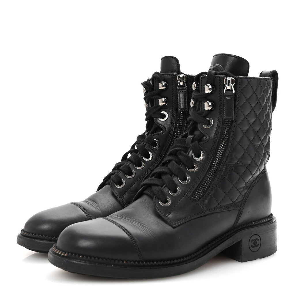 CHANEL QUILTED LACE UP COMBAT BOOTS CALFSKIN BLACK SHW