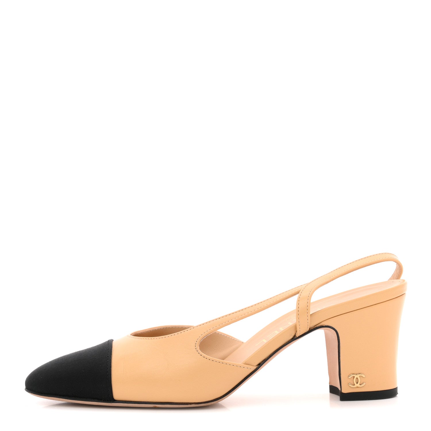 CHANEL GOATSKIN GROSGRAIN CAP TOE CC SLINGBACK PUMP BEIGE BLACK