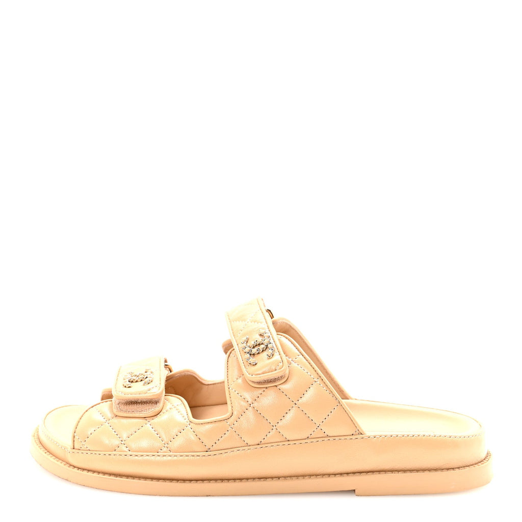 CHANEL LAMBSKIN QUILTED VELCRO DAD CHAIN CC SLIDE SANDAL PINK