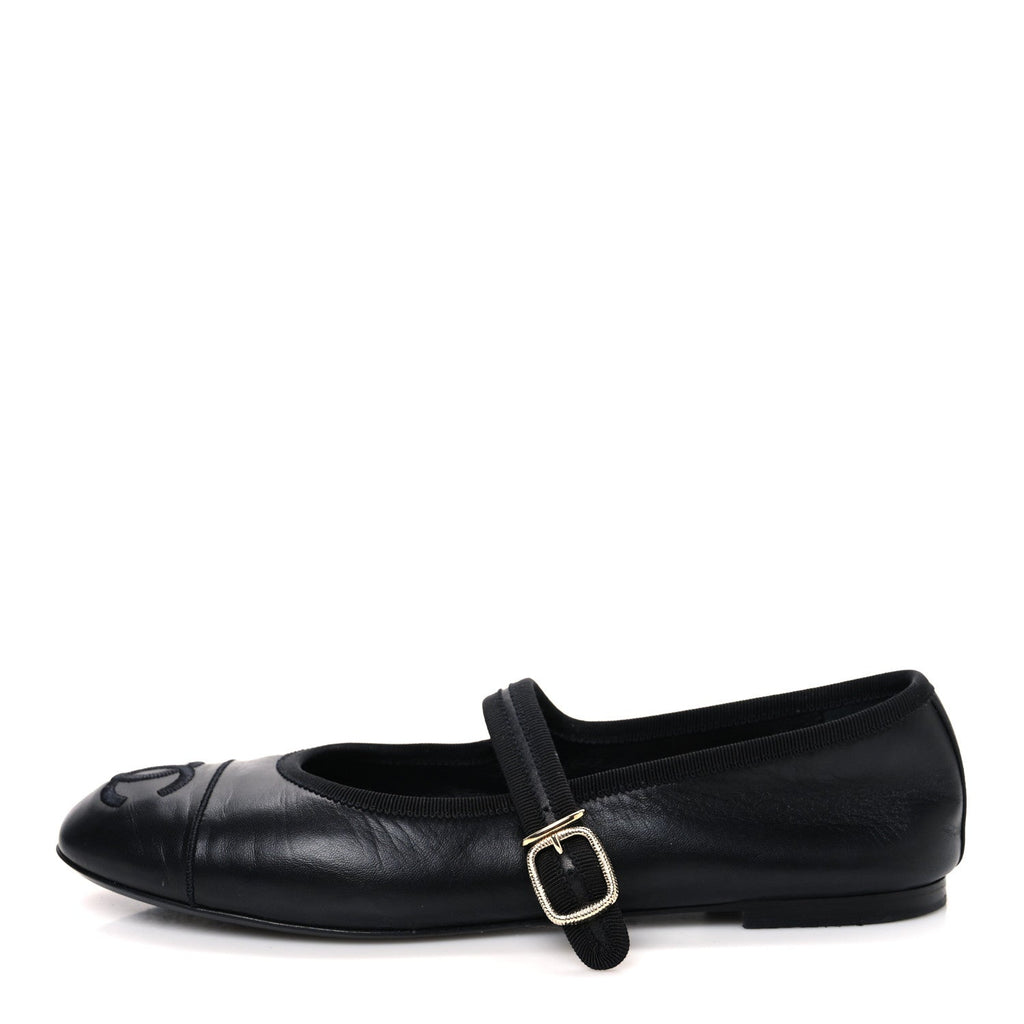 CHANEL PEARL STUDDED MARY JANE FLATS LAMBSKIN BLACK