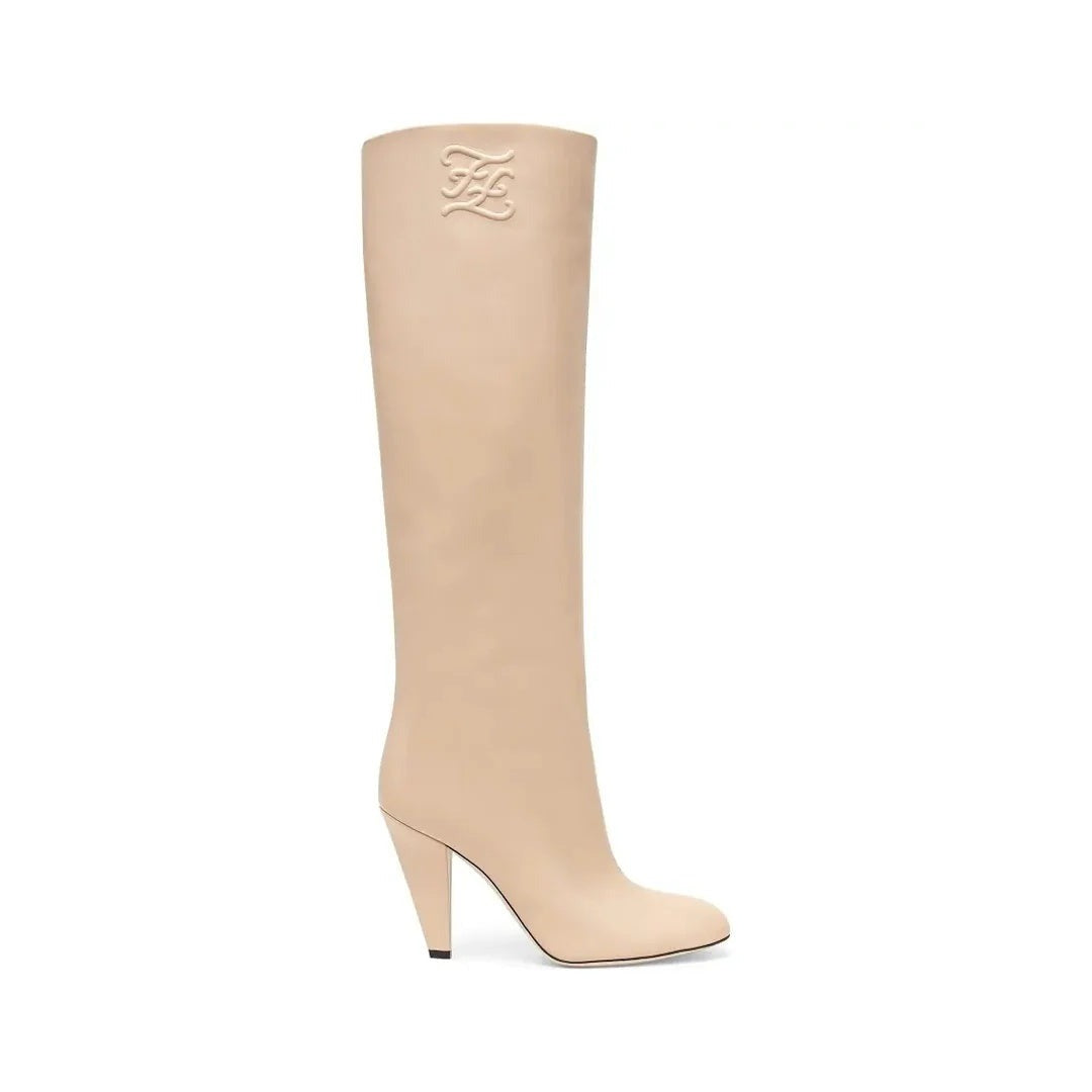 Fendi Vitello Karligraphy Embossed Tall Riding Boot - Nude/Beige