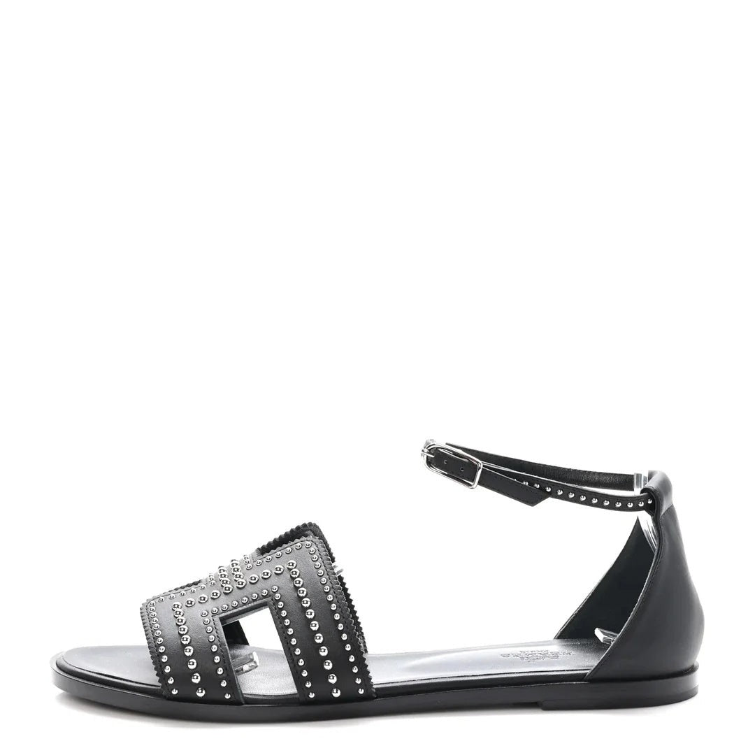 Hermès Hermes Calfskin Santorini Sandal - Black with silver studs