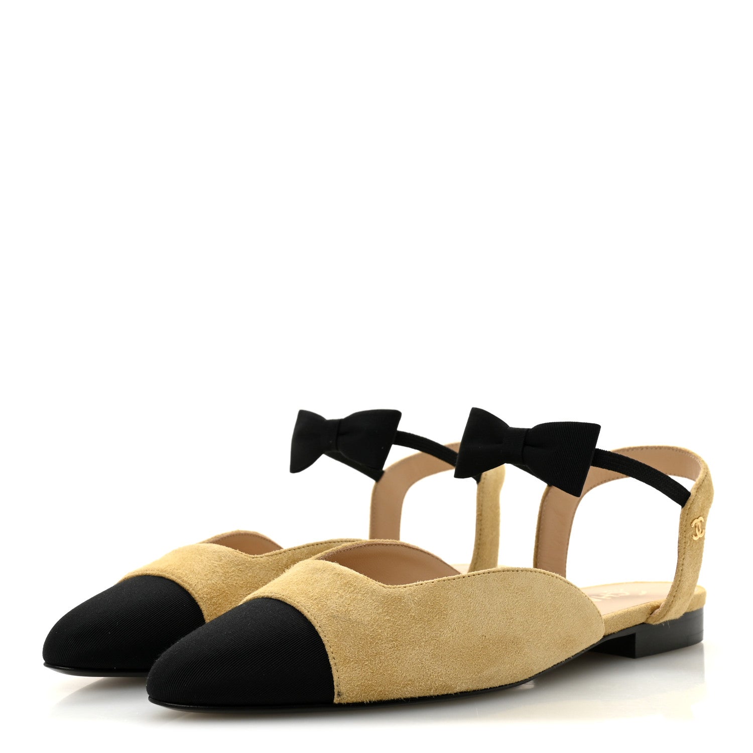 CHANEL SUEDE CRYSTAL GROSGRAIN CAP TOE CC SLINGBACK FLATS PINK GOLD BLACK (ALL BLACK, NO CAP TOE CONTRAST)