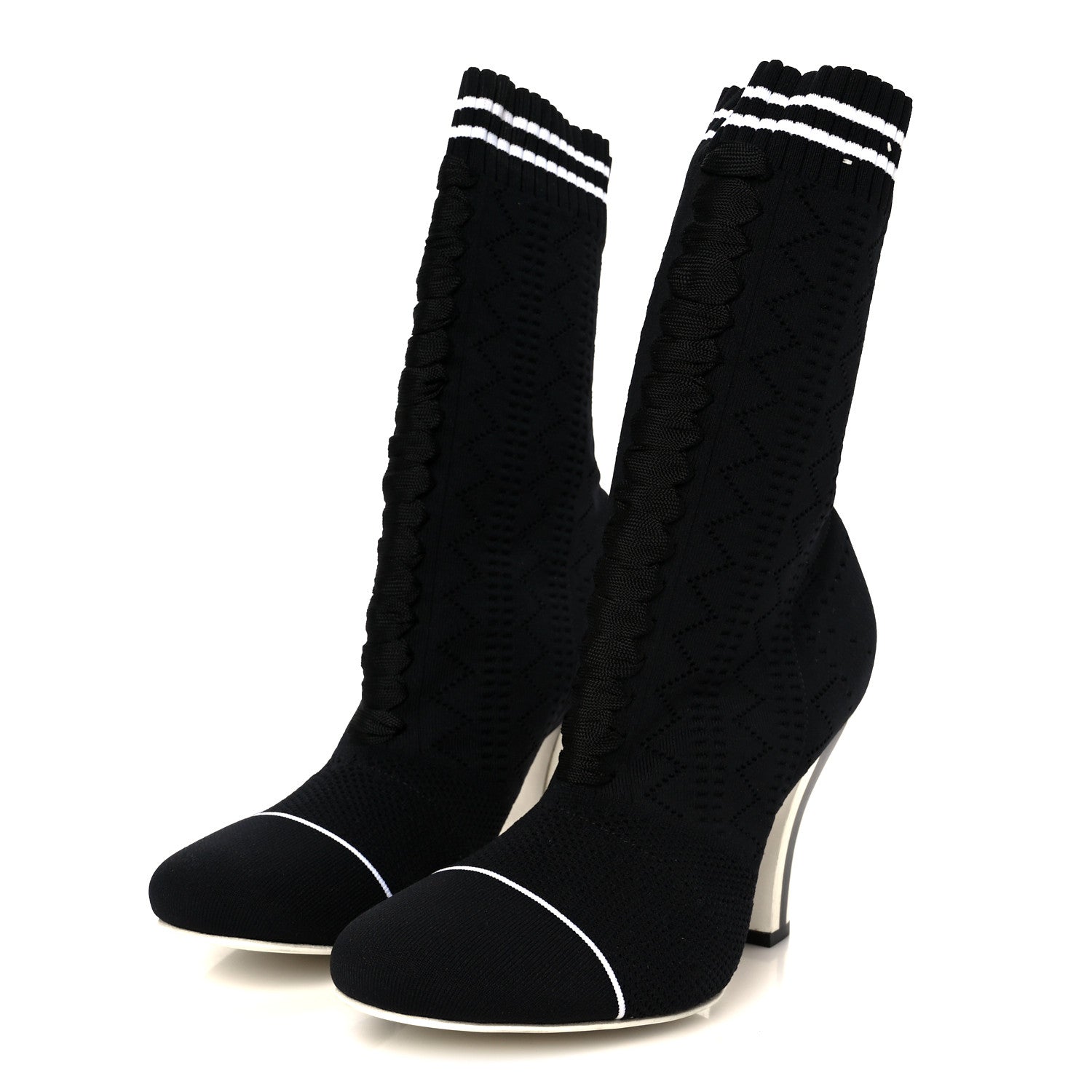 FENDI FF ROCKOKO STRETCH FABRIC OPENWORK SOCK BOOT BLACK & WHITE PEARL