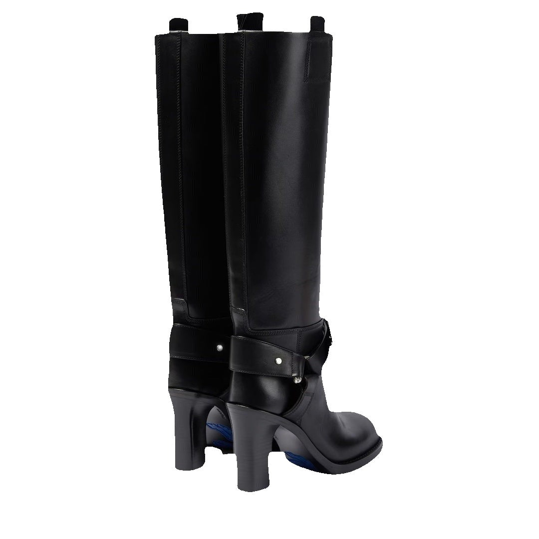 Burberry Saddle Knee-High Leather Boots - Black