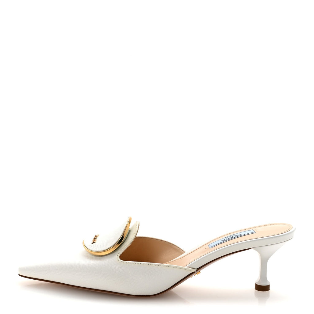 PRADA SAFFIANO LOGO POINTED TOE MULES WHITE