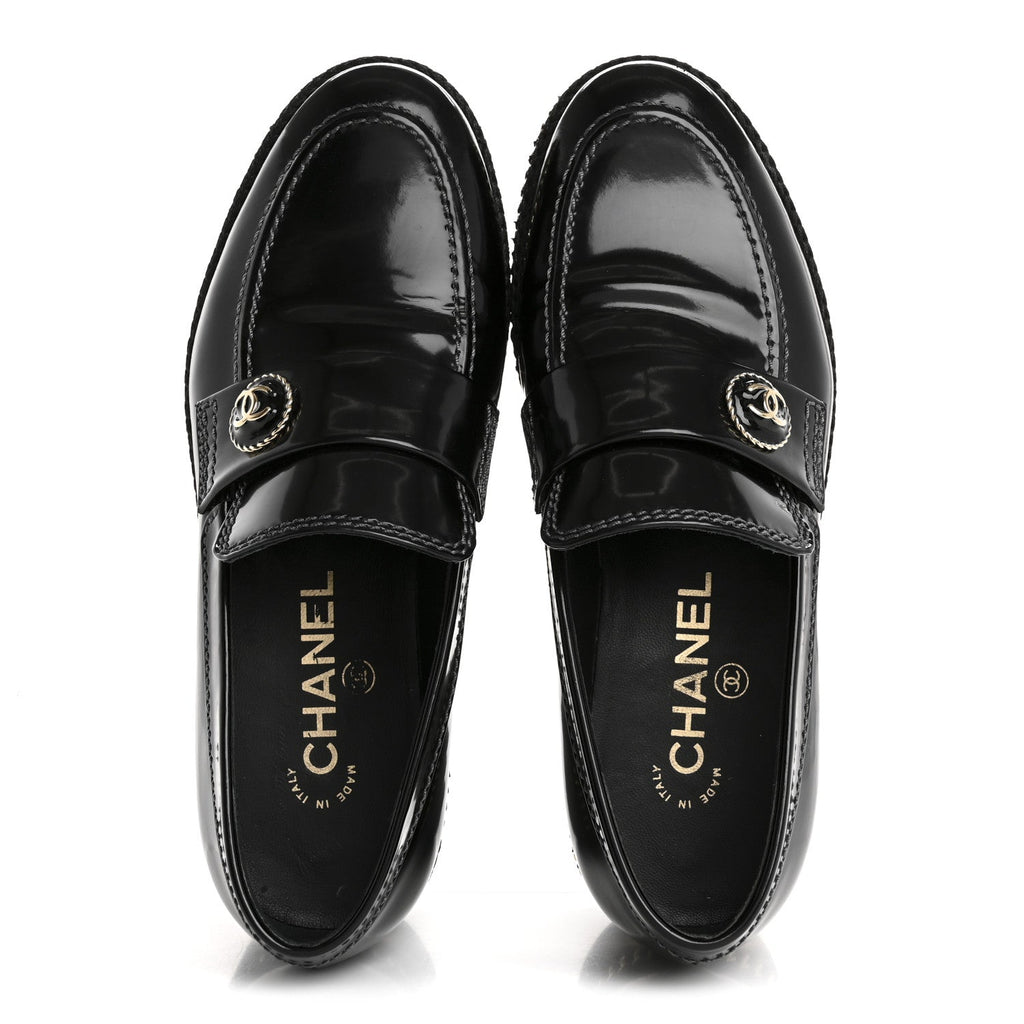 CHANEL CALFSKIN CC PLATFORM LOAFERS BLACK