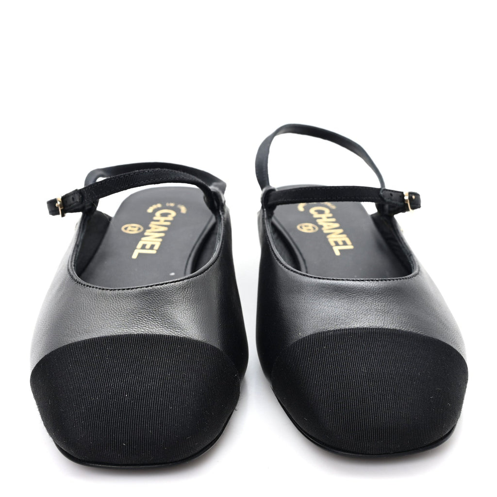 CHANEL SATIN CRYSTAL LAMBSKIN GROSGRAIN BOW CC SLINGBACK FLATS BLACK SLINGBACK WITH PEARLS