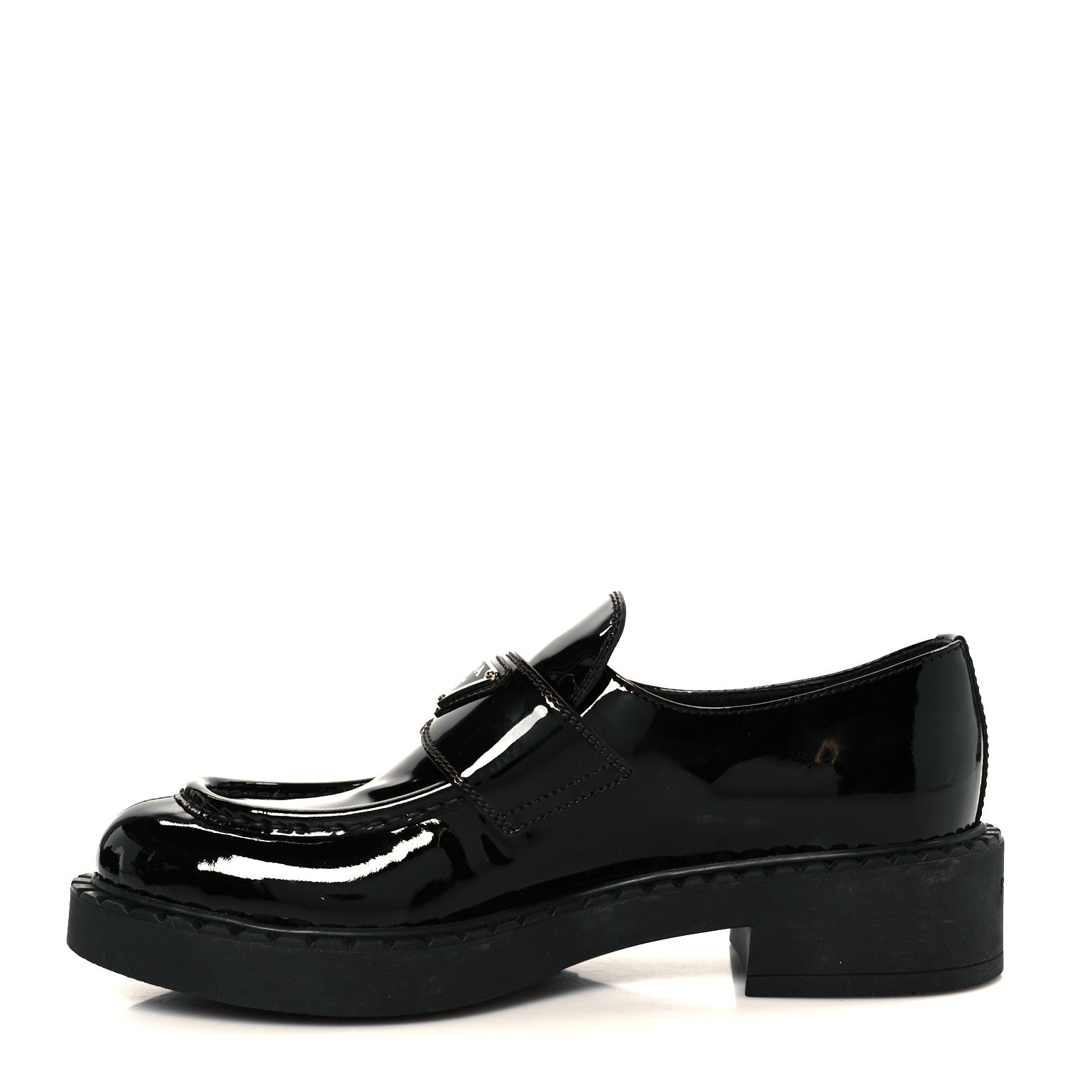PRADA VERNICE METAL TRIANGLE LOGO LOAFER PUMPS BLACK