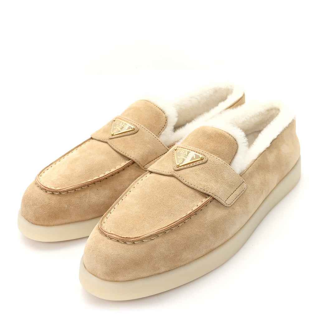 PRADA SUEDE SHEARLING TRIANGLE LOGO LUG SOLE MULES BLACK