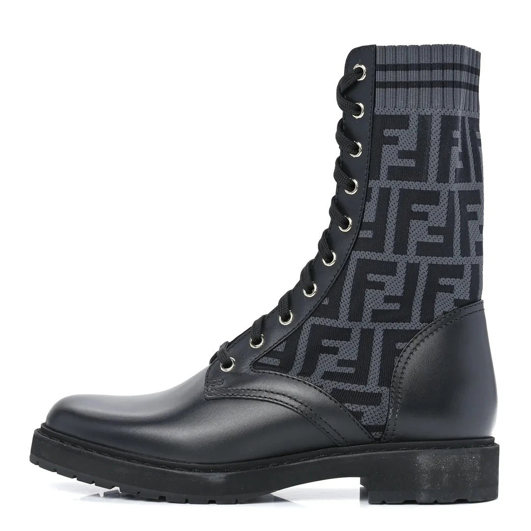 Fendi FF Rockoko Stretch Fabric Openwork Sock Boot - Black/Grey FF