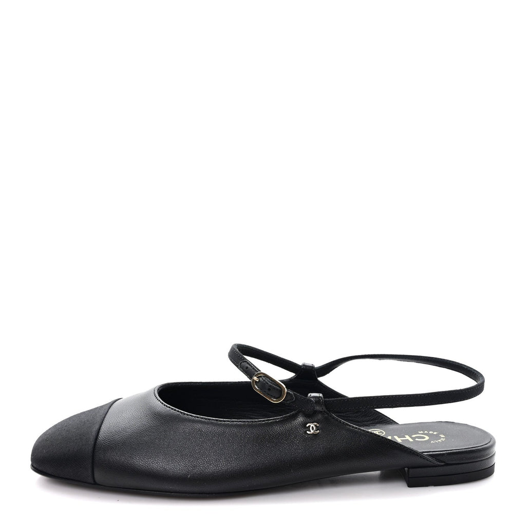 CHANEL SATIN CRYSTAL LAMBSKIN GROSGRAIN BOW CC SLINGBACK FLATS BLACK SLINGBACK WITH PEARLS