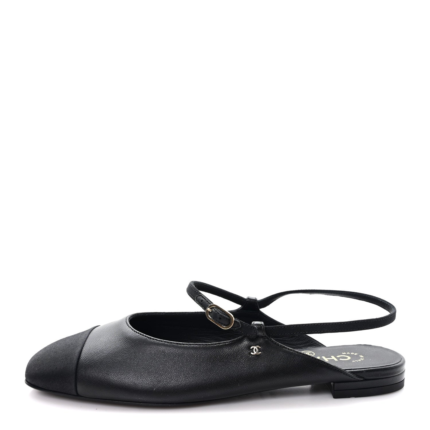 CHANEL SATIN CRYSTAL LAMBSKIN GROSGRAIN BOW CC SLINGBACK FLATS BLACK SLINGBACK WITH PEARLS