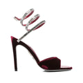 René Caovilla Cleo 105mm Baguette Crystal Satin Snake-Wrap Sandal - Burgundy