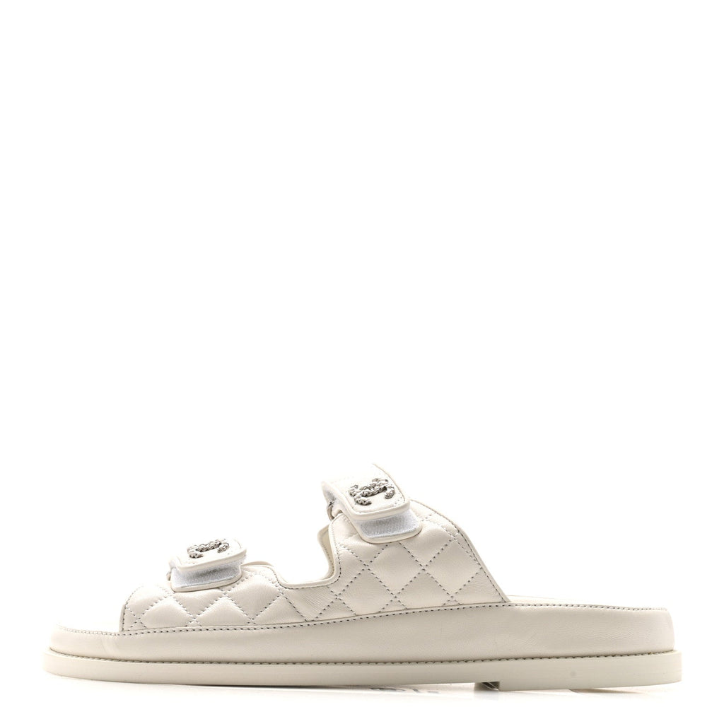 CHANEL LAMBSKIN QUILTED VELCRO DAD CHAIN CC SLIDE SANDAL WHITE